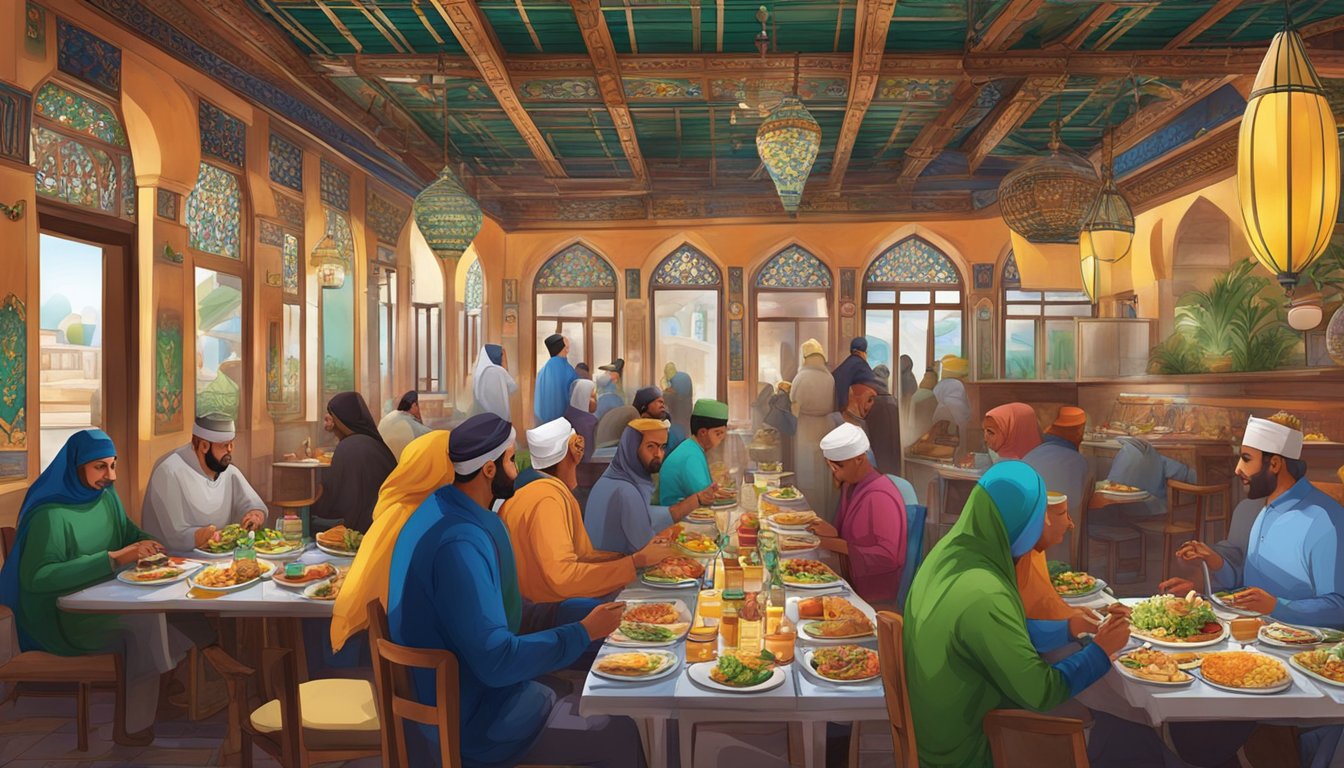 Customers dining at Al Azhar Eating Restaurant, with colorful decor and delicious food on the tables