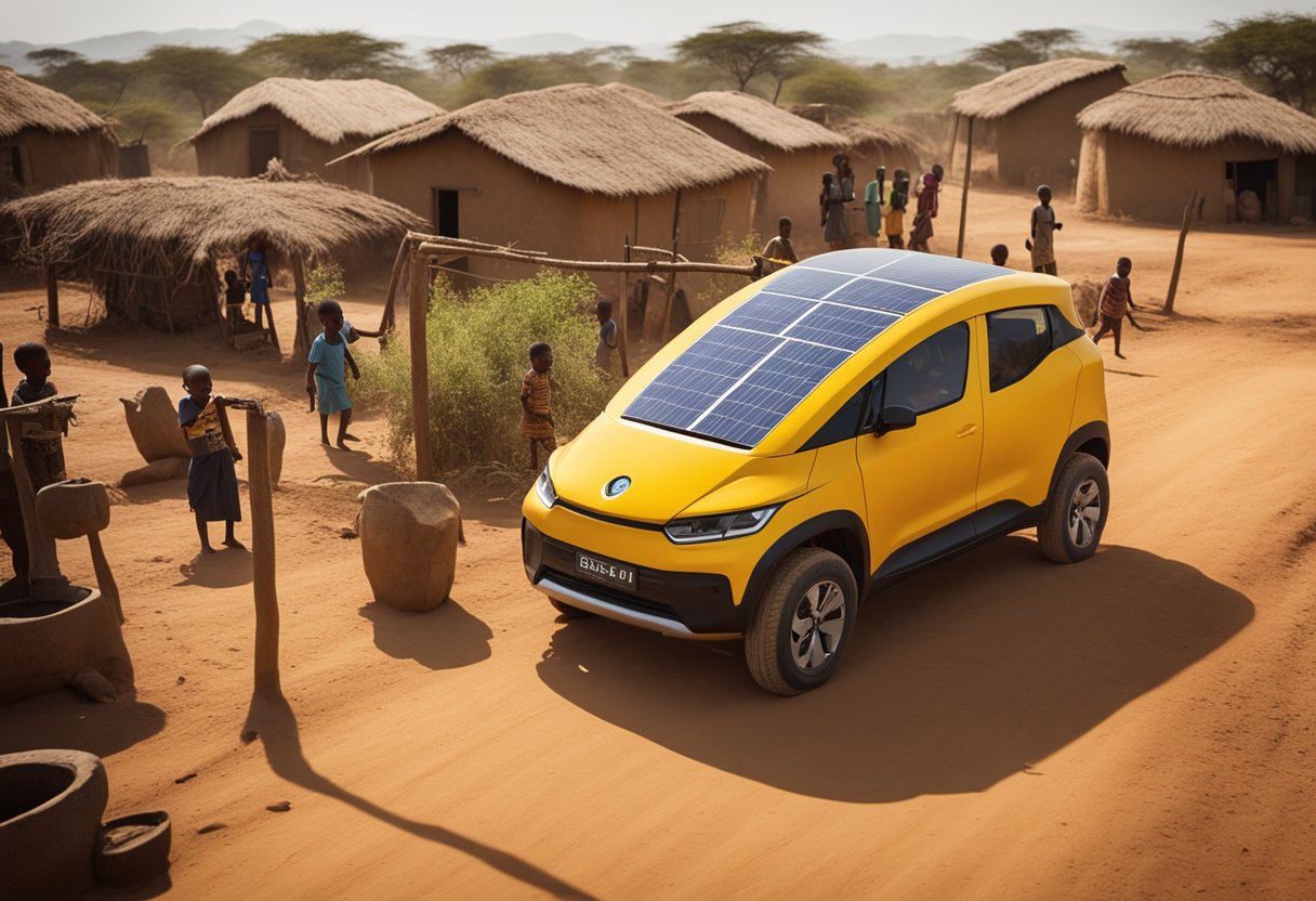 A bright yellow electric vehicle drives through a dusty African village, surrounded by smiling children and small huts. Solar panels on the vehicle's roof indicate its sustainable energy source