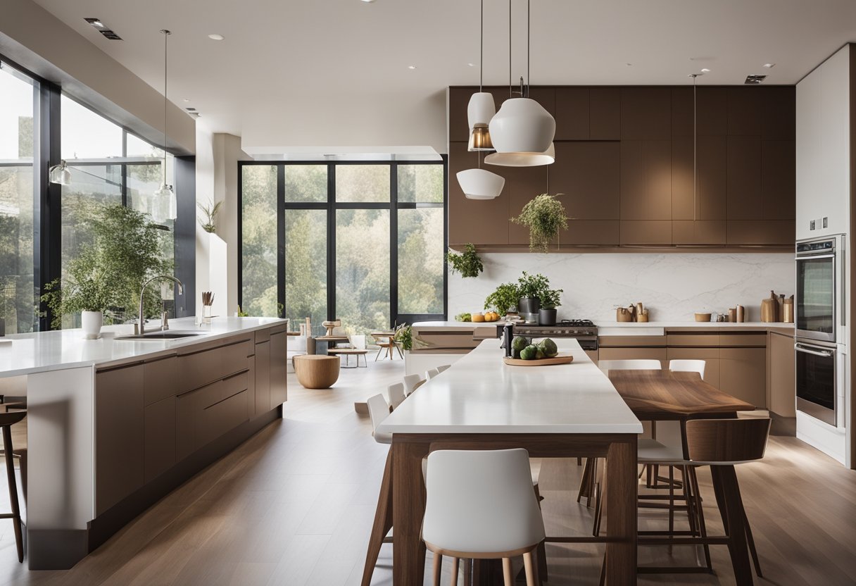 A spacious, modern kitchen with brown and white color scheme. Clean lines, sleek appliances, and natural light streaming in through large windows