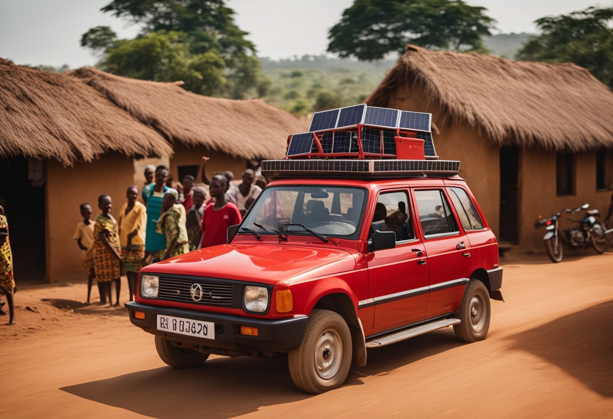 A bright red electric vehicle drives through a rural African village, surrounded by smiling villagers. Solar panels on rooftops power homes