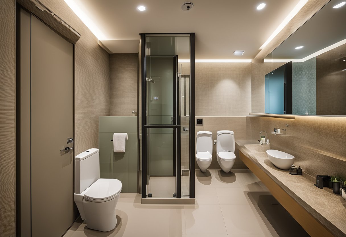 A spacious HDB toilet with modern fixtures and accessible features for elderly and disabled users