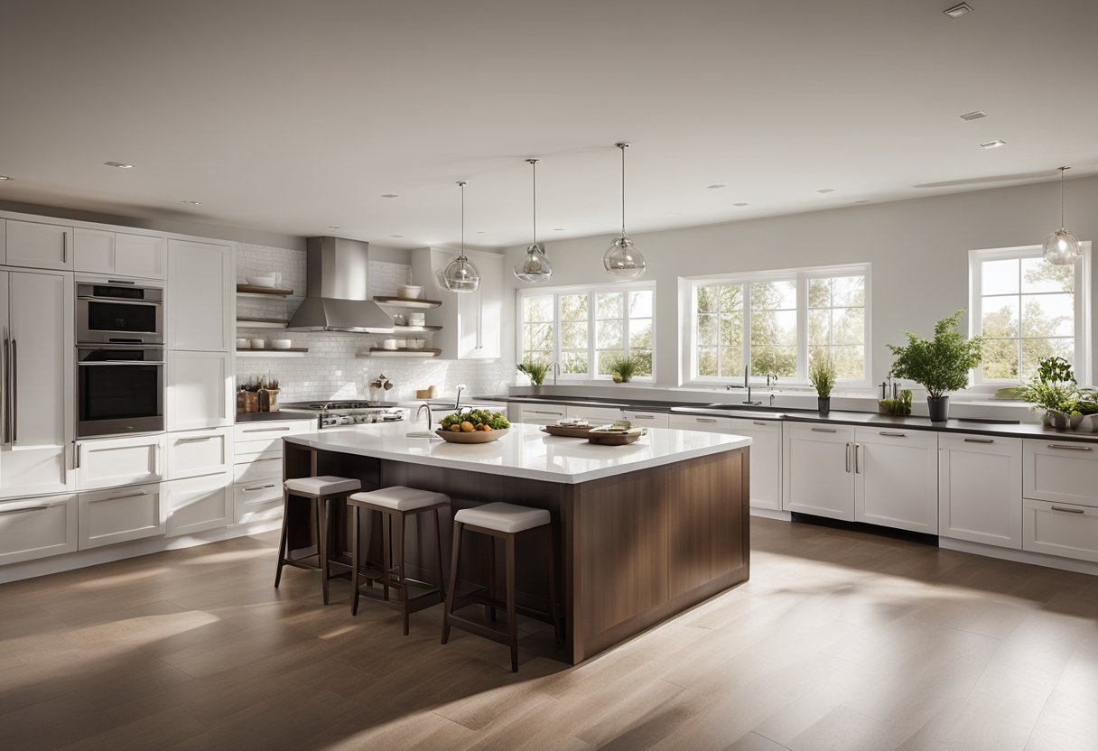 A spacious brown and white kitchen with sleek modern cabinets, a large central island, and stainless steel appliances. Sunlight streams in through the window, illuminating the clean, minimalist design