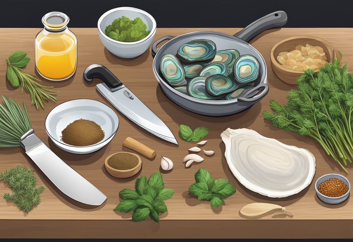 A table set with ingredients: abalone, herbs, and spices. A chef's knife and cutting board are ready for preparation