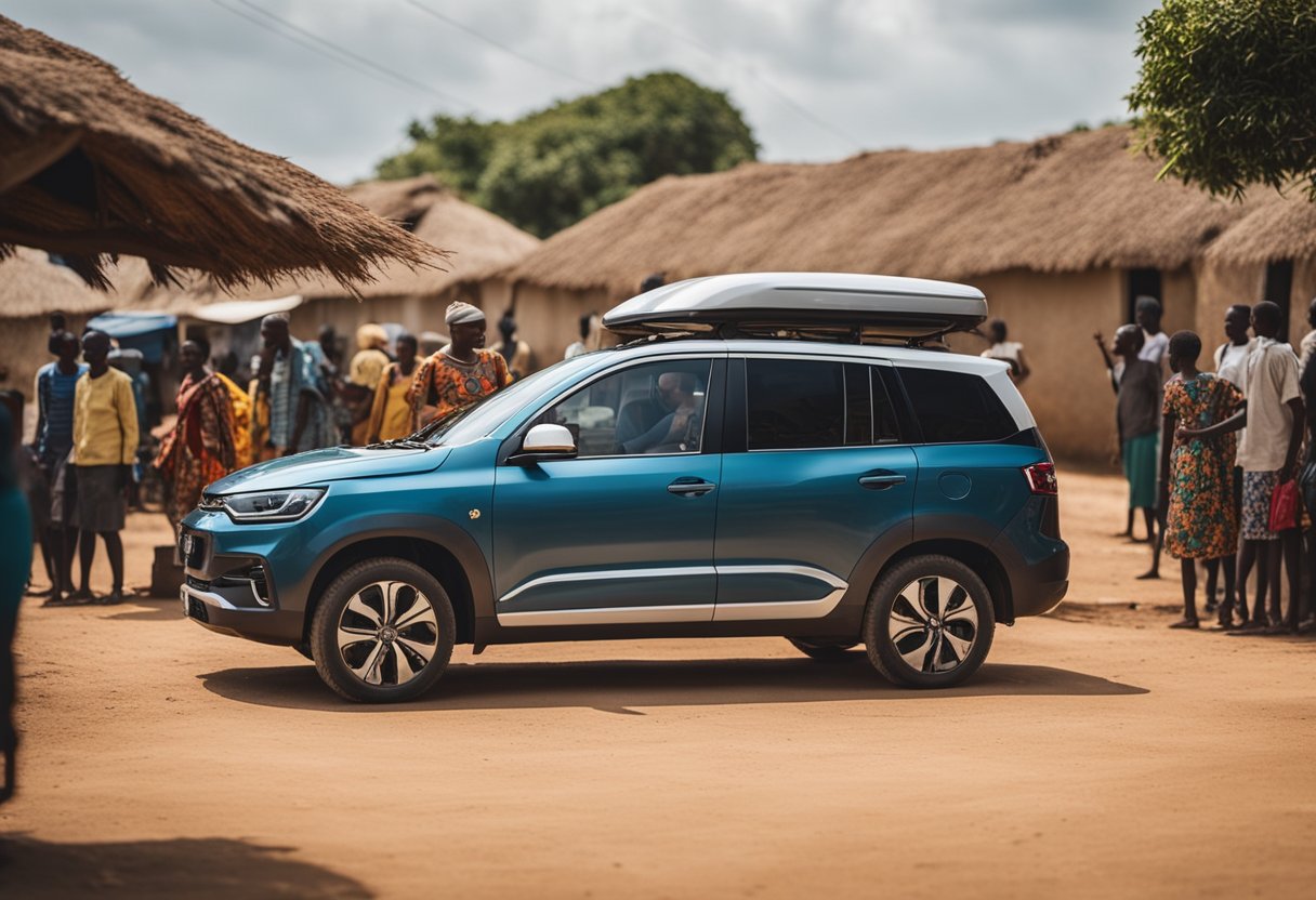 A French EV parked in a rural African village, surrounded by smiling locals. The vehicle is connected to a power source, providing energy to the community