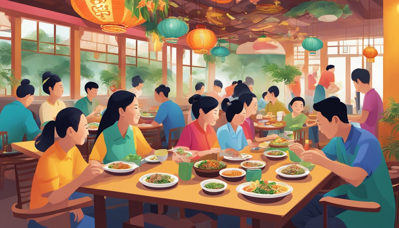 Customers savor Teochew dishes in a vibrant restaurant setting, with colorful decor and traditional cuisine on display