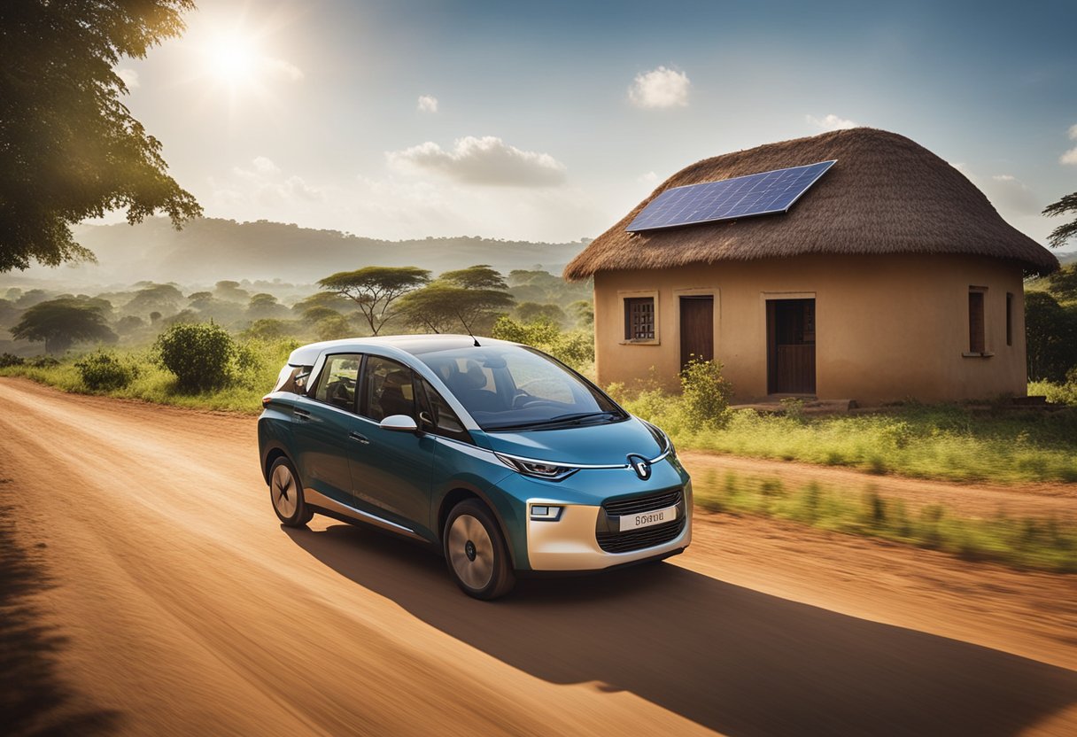 A French EV powers through a rural African village, bringing light and hope to the community. Solar panels on the vehicle's roof harness the sun's energy, providing a sustainable source of power