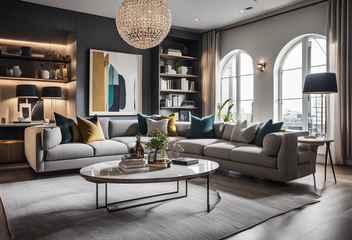 A modern living room with sleek furniture, minimalist decor, and pops of color. A cozy reading nook with a floor-to-ceiling bookshelf. An open kitchen with marble countertops and stainless steel appliances. A chic dining area with a statement chandelier