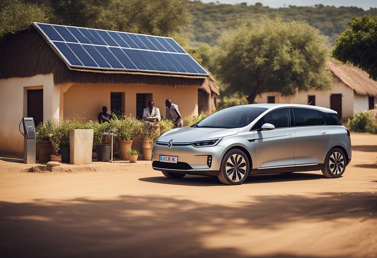 A French EV parked in a rural African village, surrounded by smiling villagers. Solar panels on huts and the EV charging station in the background