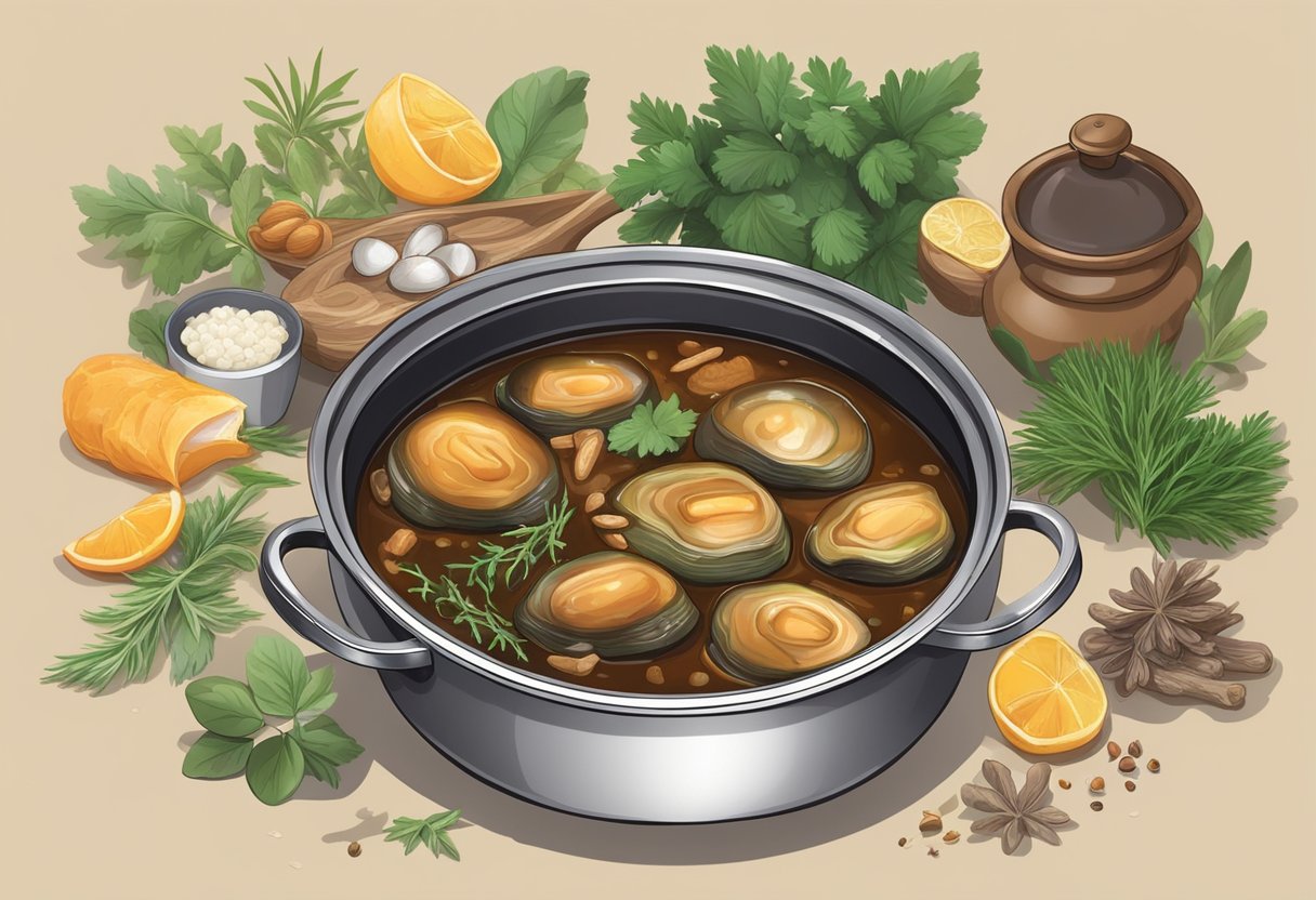 A pot simmering with braised abalone in a rich, savory sauce, surrounded by fresh herbs and aromatic spices