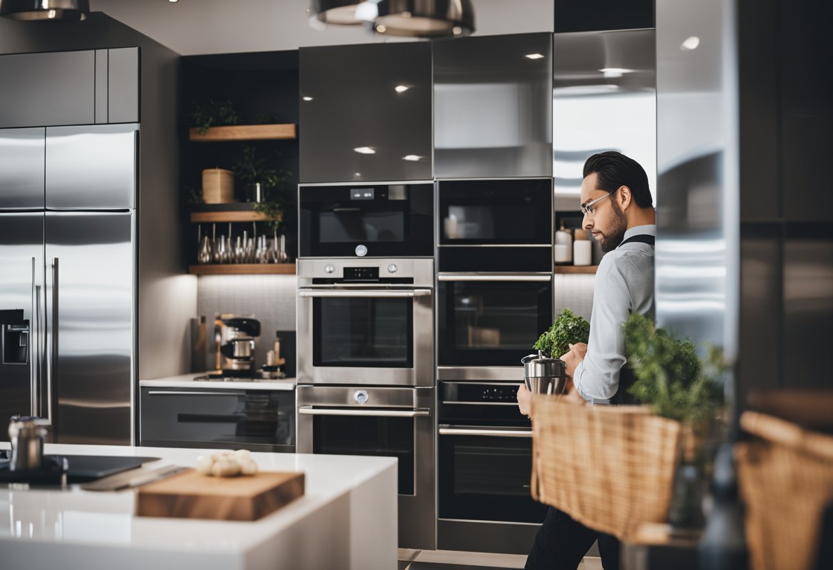 A person is carefully choosing modern appliances and stylish materials for a well-designed kitchen