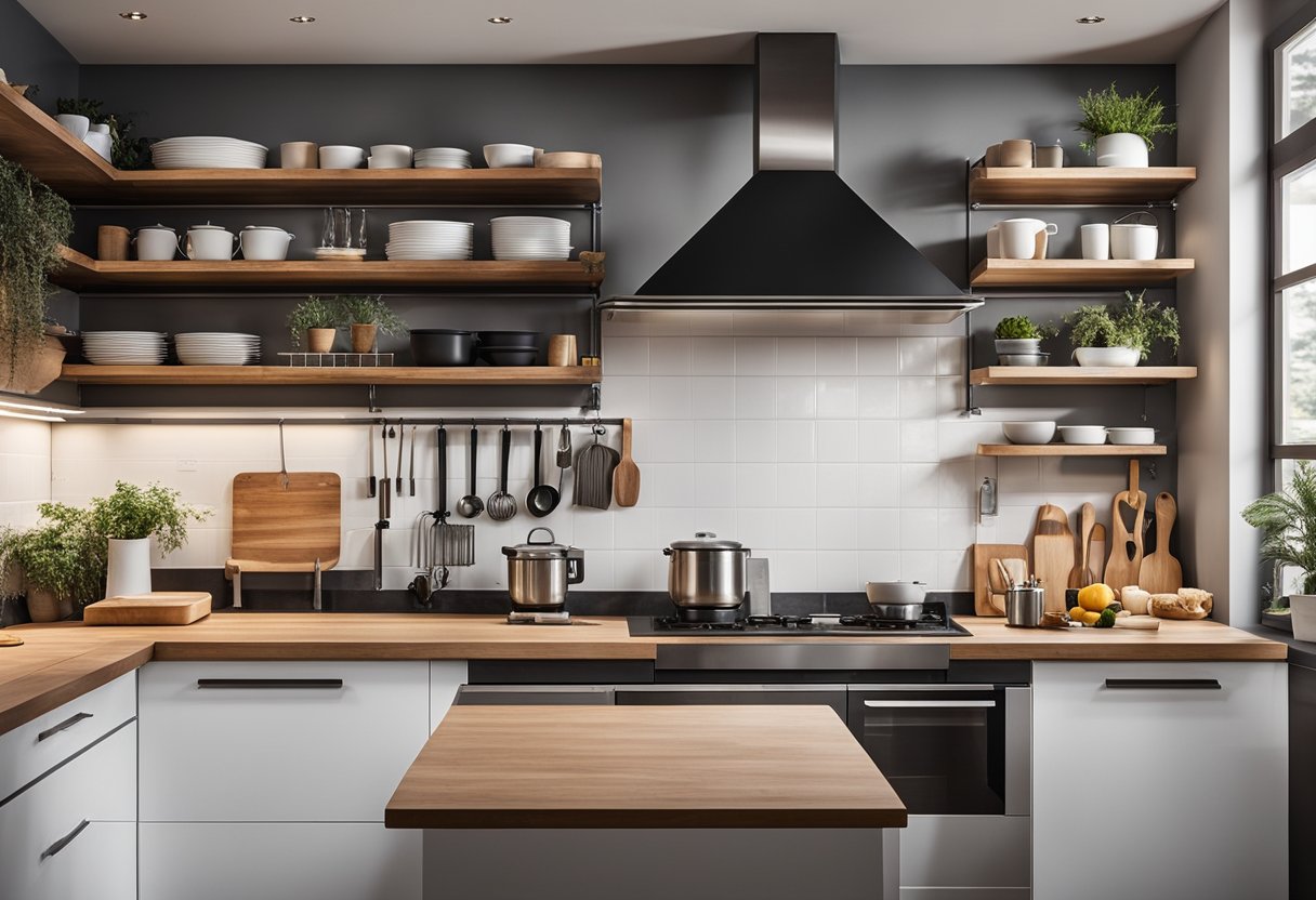 A well-organized kitchen with essential tools and appliances neatly arranged on countertops and shelves. A spacious and functional layout with a focus on practicality and efficiency