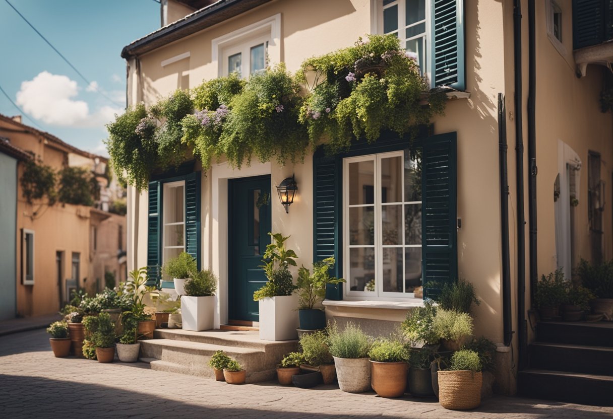 A small house with a front balcony, adorned with potted plants and cozy seating, overlooking a quaint garden or street