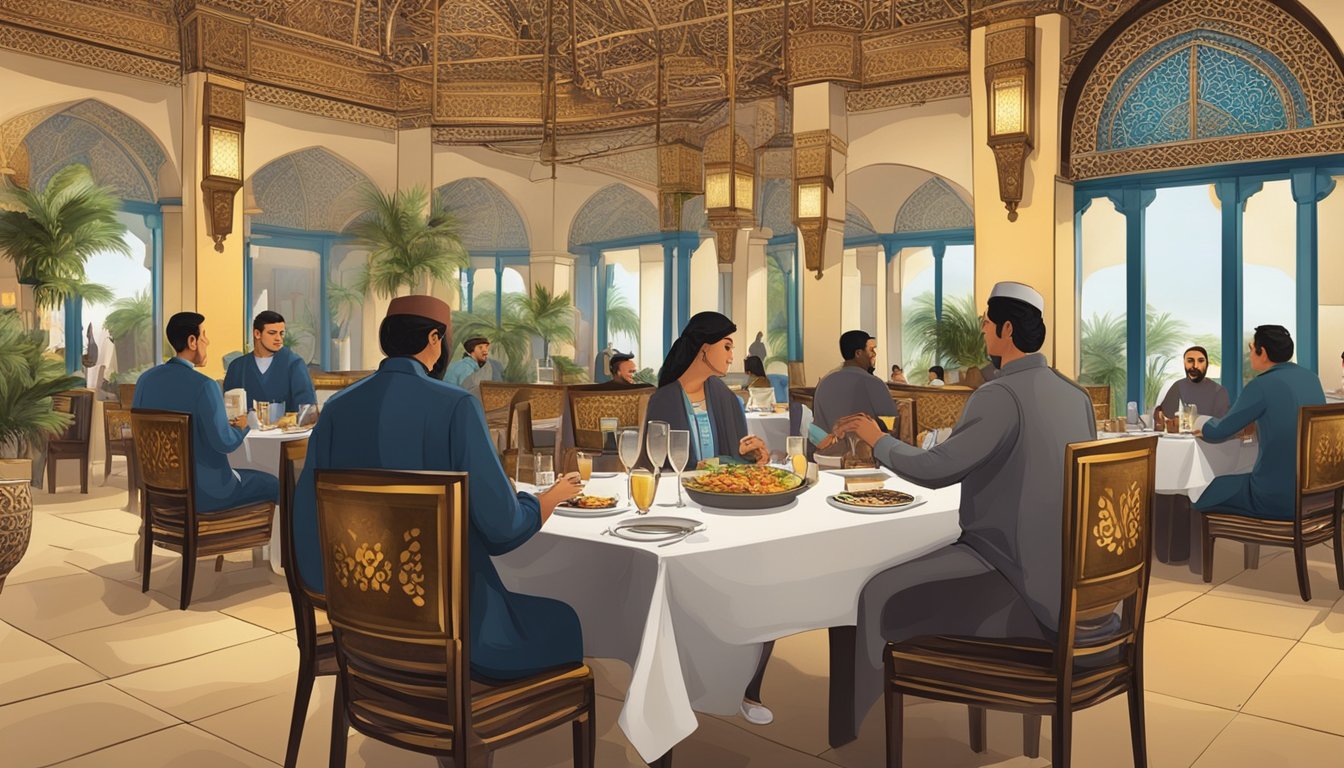 Customers dining at Al Azhar restaurant, with waiters serving food and drinks. Decor includes traditional Middle Eastern elements