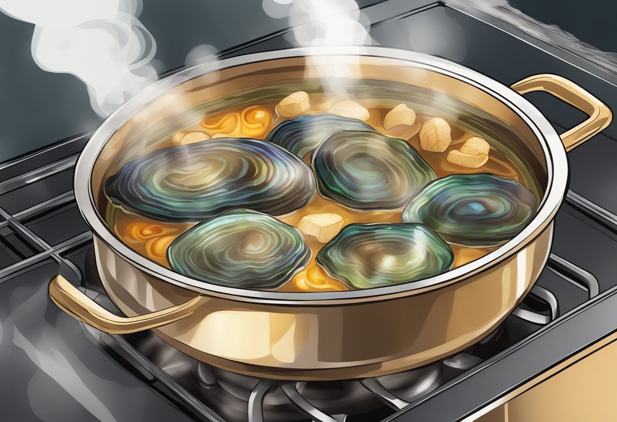 A pot simmering on a stove with abalone, ginger, and soy sauce. Steam rising, rich aroma fills the air