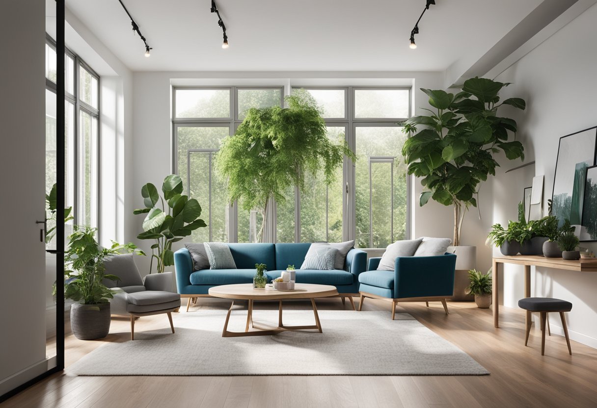 A bright, spacious room with modern furniture and a fresh coat of paint. Plants and artwork add pops of color, while large windows let in plenty of natural light