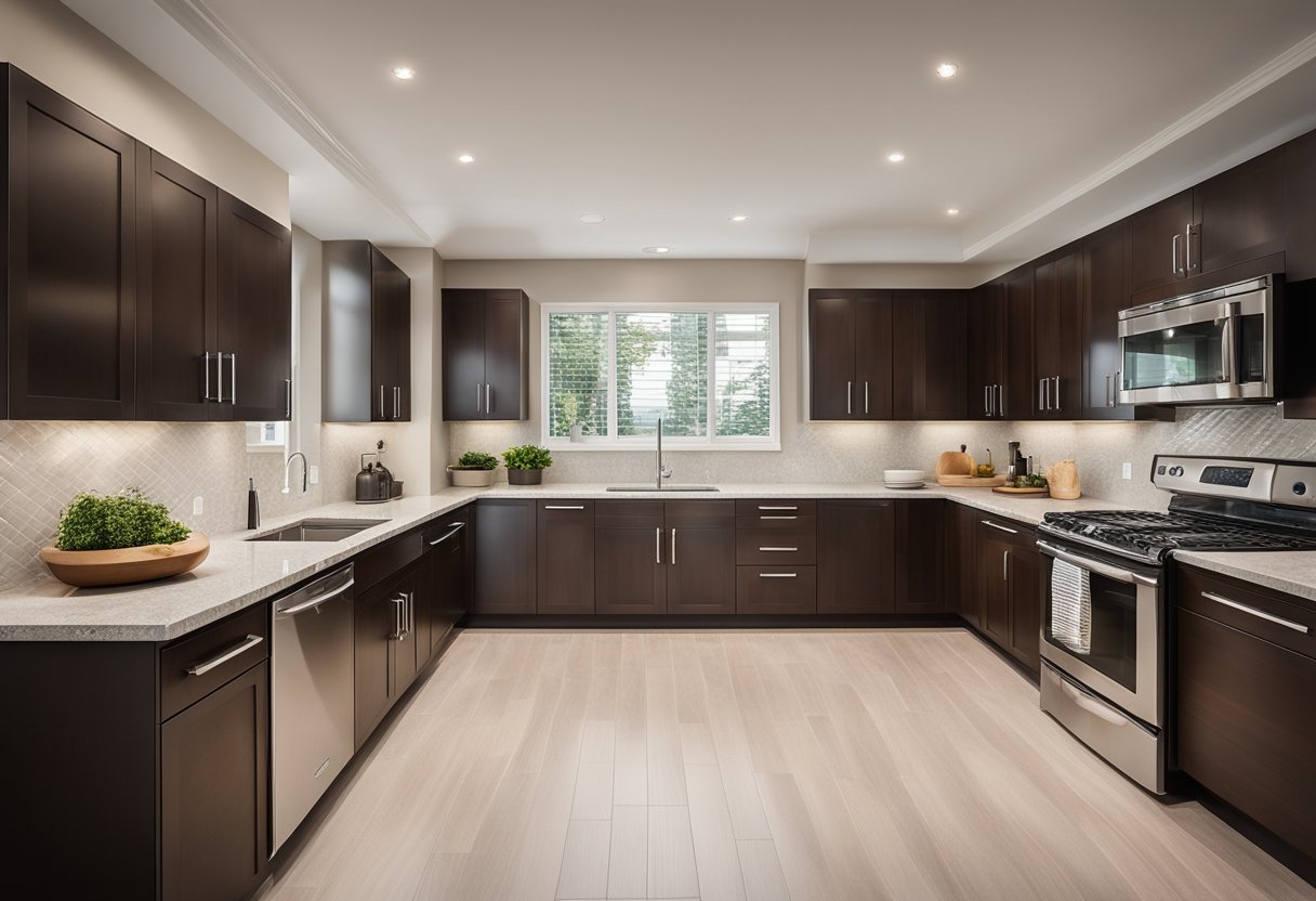 A modern, spacious kitchen with brown and white color scheme. Sleek countertops, stainless steel appliances, and ample natural light