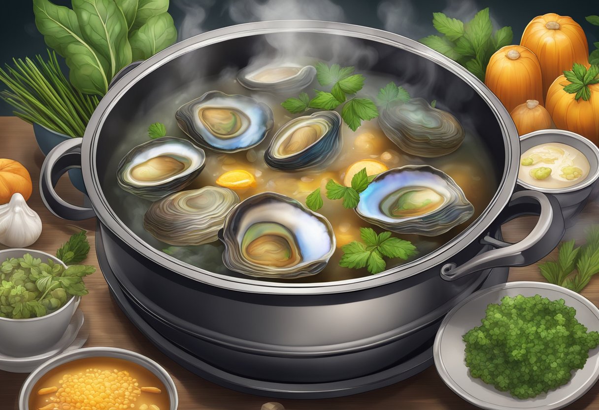 Abalone simmering in a rich broth, surrounded by aromatic herbs and vegetables, steam rising from the pot
