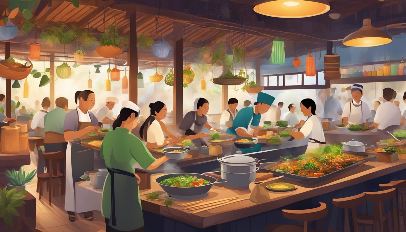 A bustling Thai restaurant with colorful decor, steaming woks, and aromatic herbs. Customers chat and laugh, while chefs skillfully prepare dishes