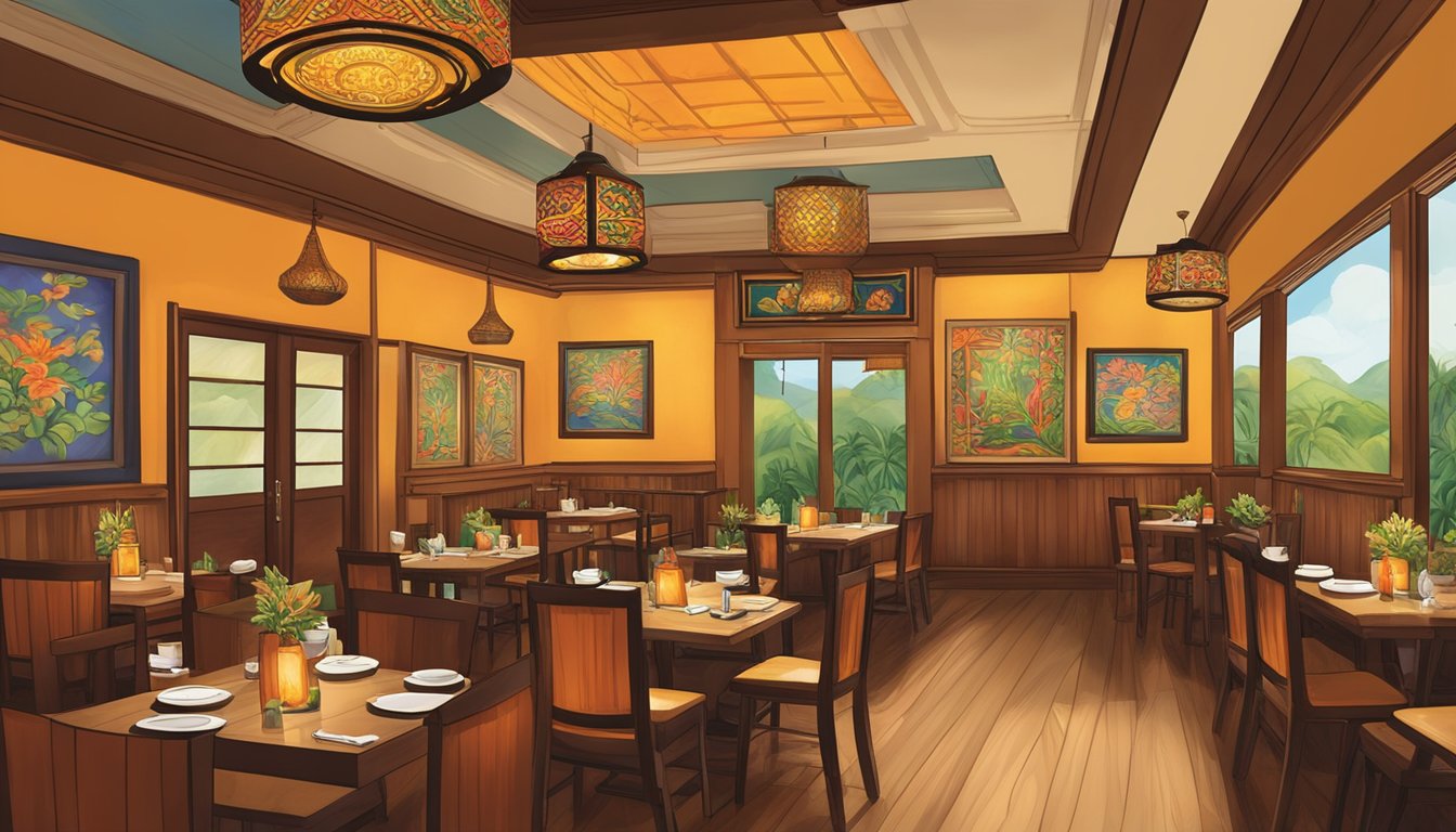 Customers entering Kra Pow Thai Restaurant, greeted by warm lighting and the aroma of spicy, savory dishes. The decor features traditional Thai artwork and vibrant colors, creating a cozy and inviting atmosphere