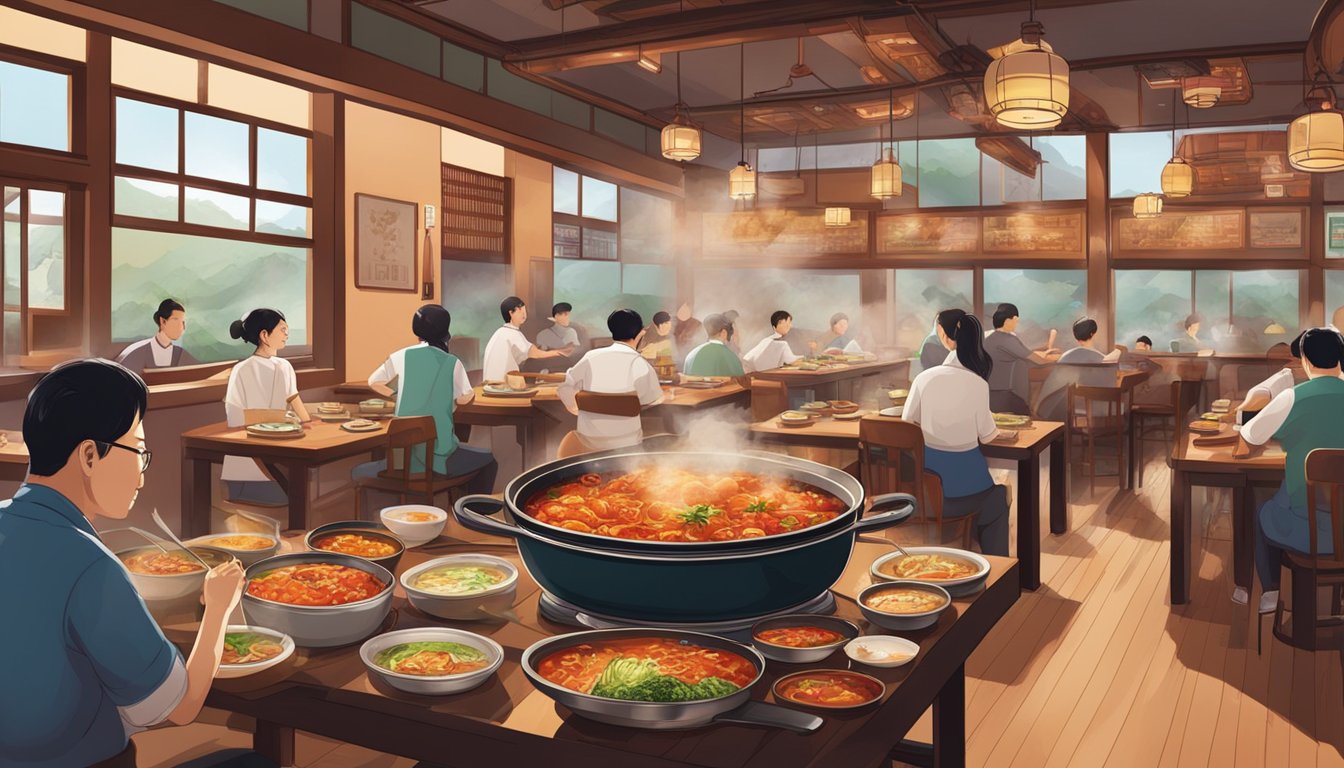 A bustling Korean restaurant with traditional decor and sizzling hotpots on every table. The aroma of spicy kimchi fills the air