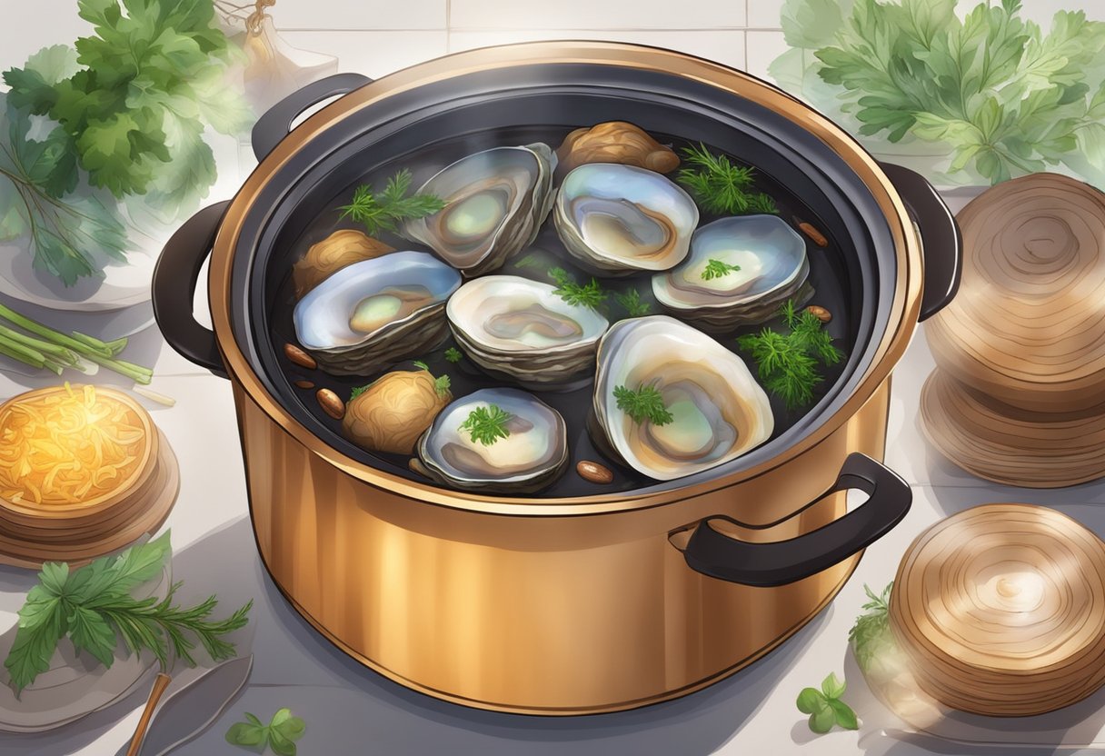 A pot simmering with braised abalone, surrounded by aromatic herbs and spices. Steam rising, filling the kitchen with a tantalizing aroma