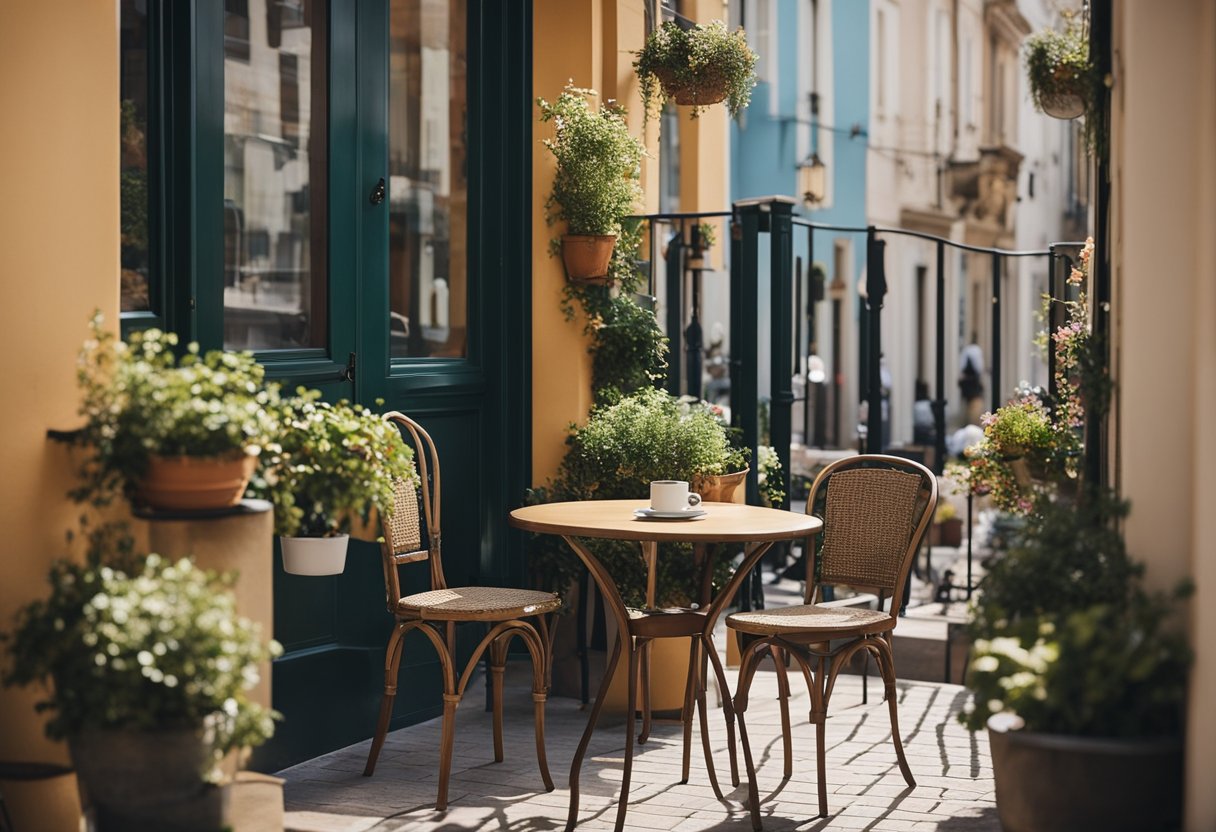 A cozy front balcony with potted plants, a small bistro table, and two chairs overlooking a quaint neighborhood street