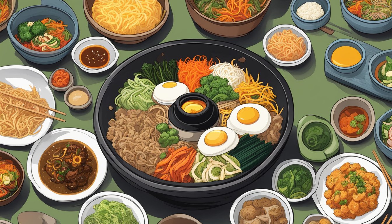 A sizzling hot stone bowl of bibimbap surrounded by colorful banchan dishes and steaming dumplings at Big Mama Korean Restaurant
