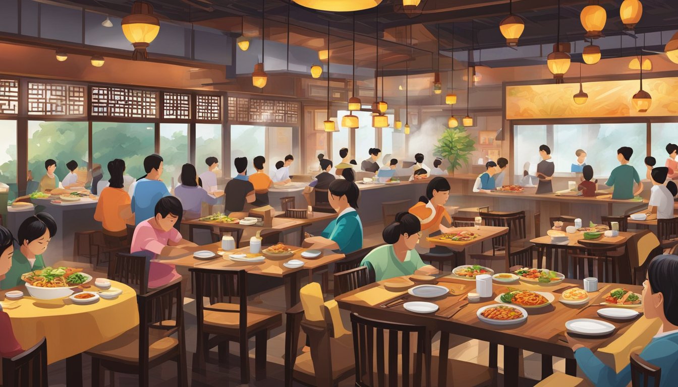 A bustling Korean restaurant with colorful decor, steaming bowls of noodles, and sizzling BBQ on every table. A warm, inviting atmosphere filled with the aroma of delicious food