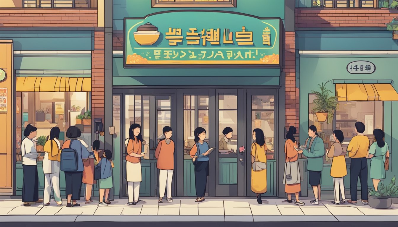 Customers line up outside a vibrant Korean restaurant with a sign reading "Frequently Asked Questions Big Mama Korean Restaurant." A server welcomes guests inside