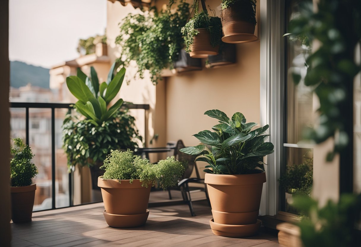 A cozy balcony with potted plants, comfortable seating, and soft lighting creates a welcoming atmosphere for a small house