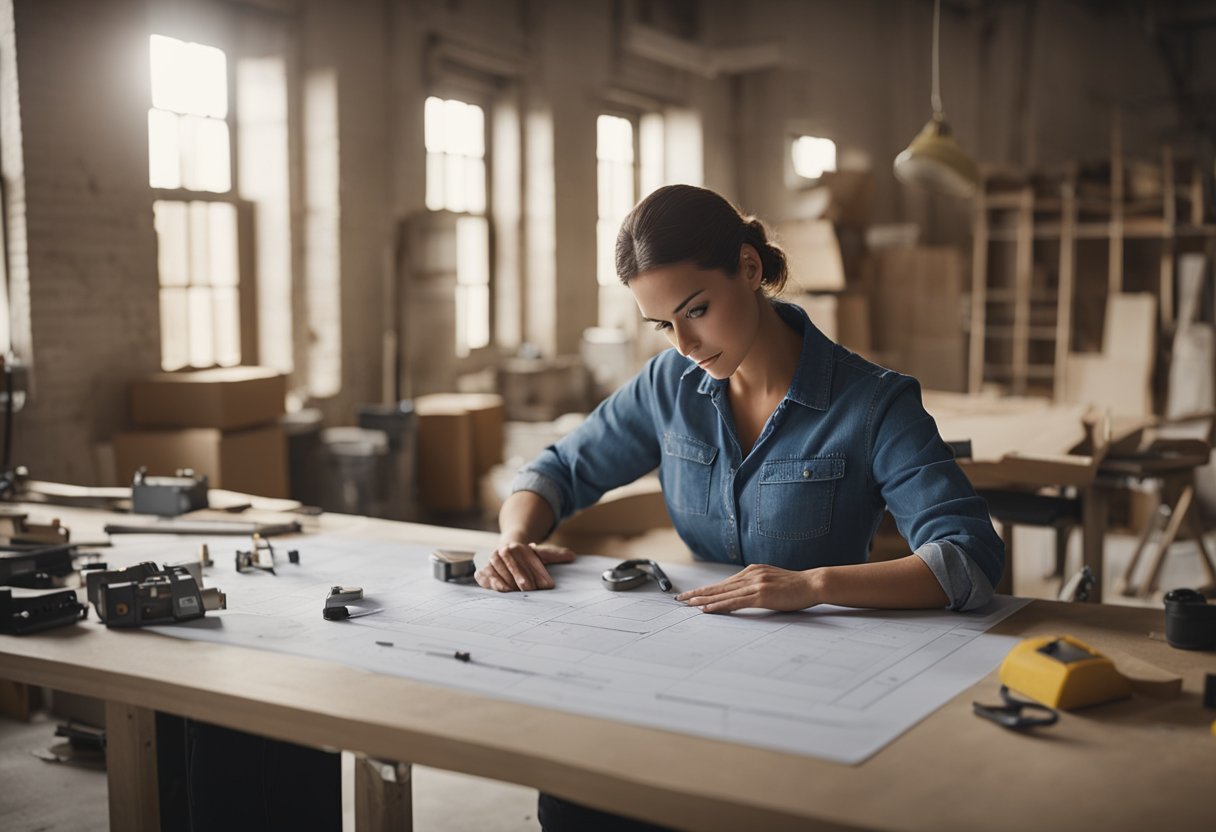 Alice, the renovation contractor, measures and plans the layout of a room, with tools and materials scattered around