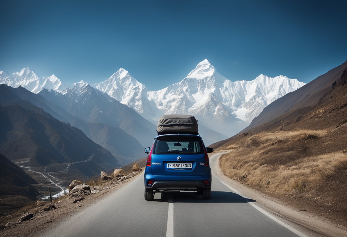 The M-Byte car navigates treacherous Himalayan roads, surrounded by towering peaks and steep cliffs. Snow-capped mountains loom in the distance, as the vehicle conquers the world's highest roads