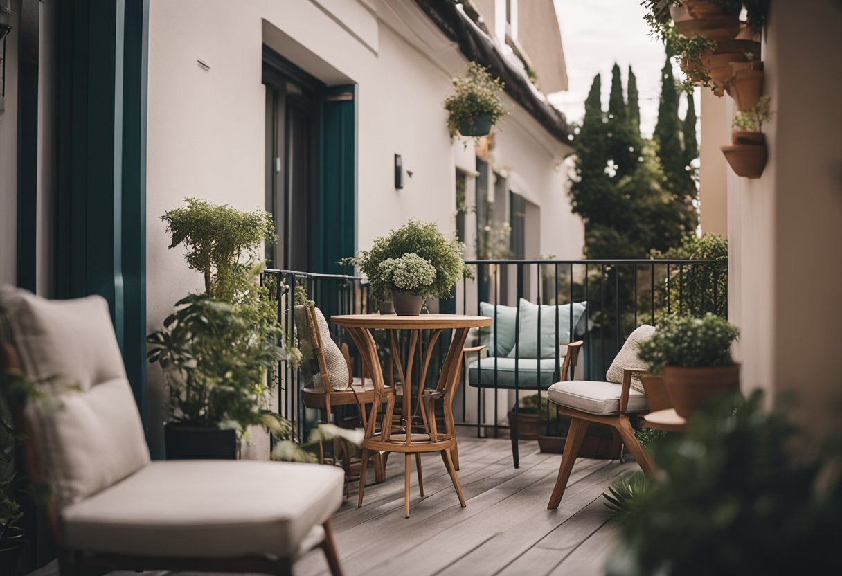 A small house balcony with modern railing, potted plants, and cozy seating area