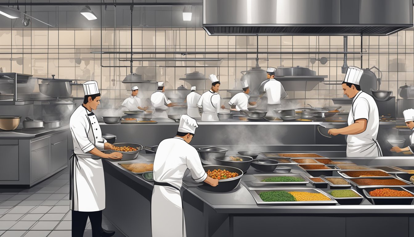 A bustling restaurant kitchen with chefs preparing a variety of dishes amidst sizzling pans and aromatic spices