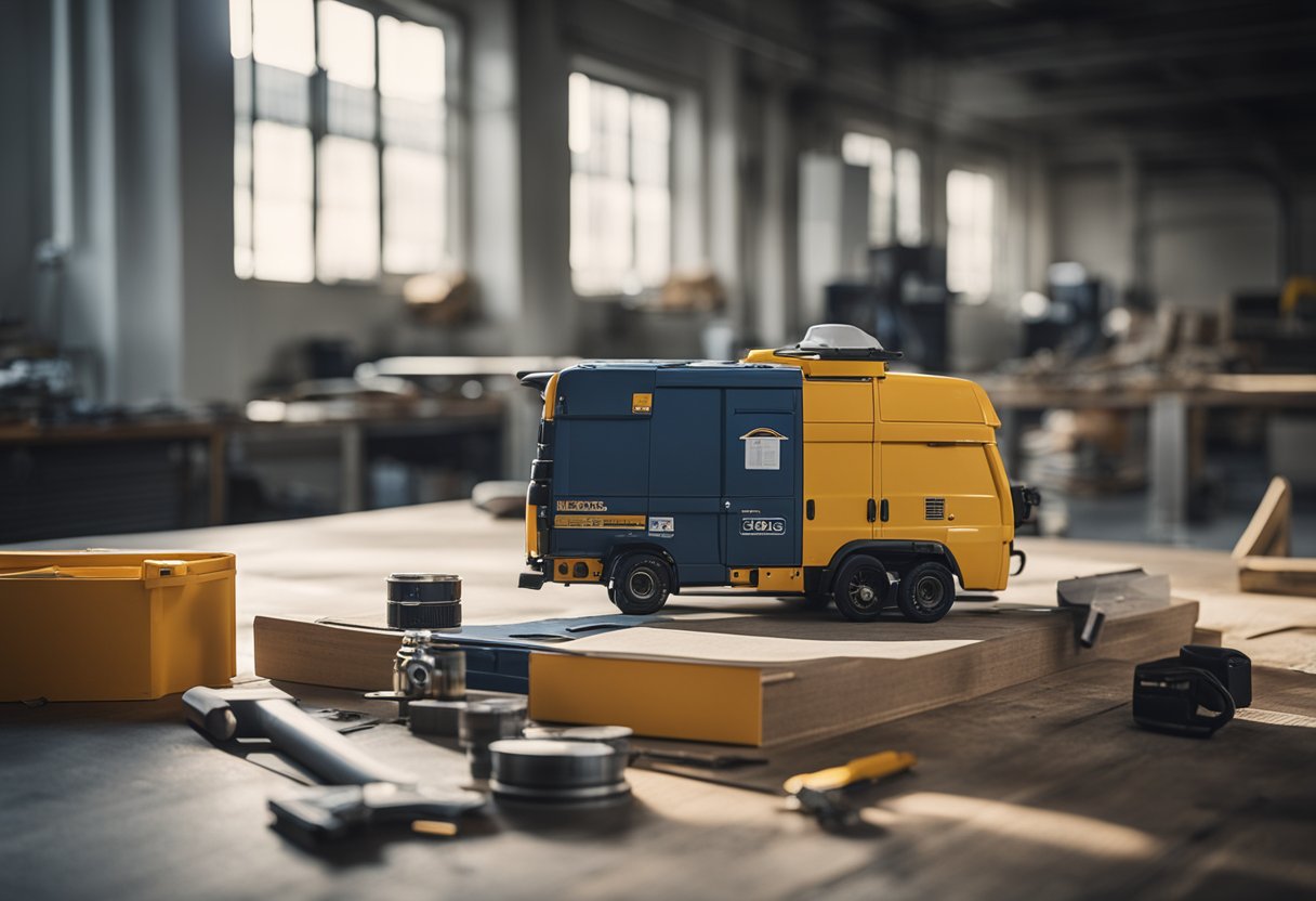 An empty room with tools and materials scattered about, a blueprint on the table, and a contractor's van parked outside