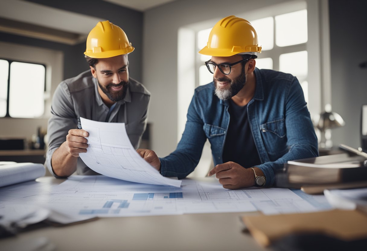 A contractor discussing plans with a client, pointing to blueprints and materials for a renovation project