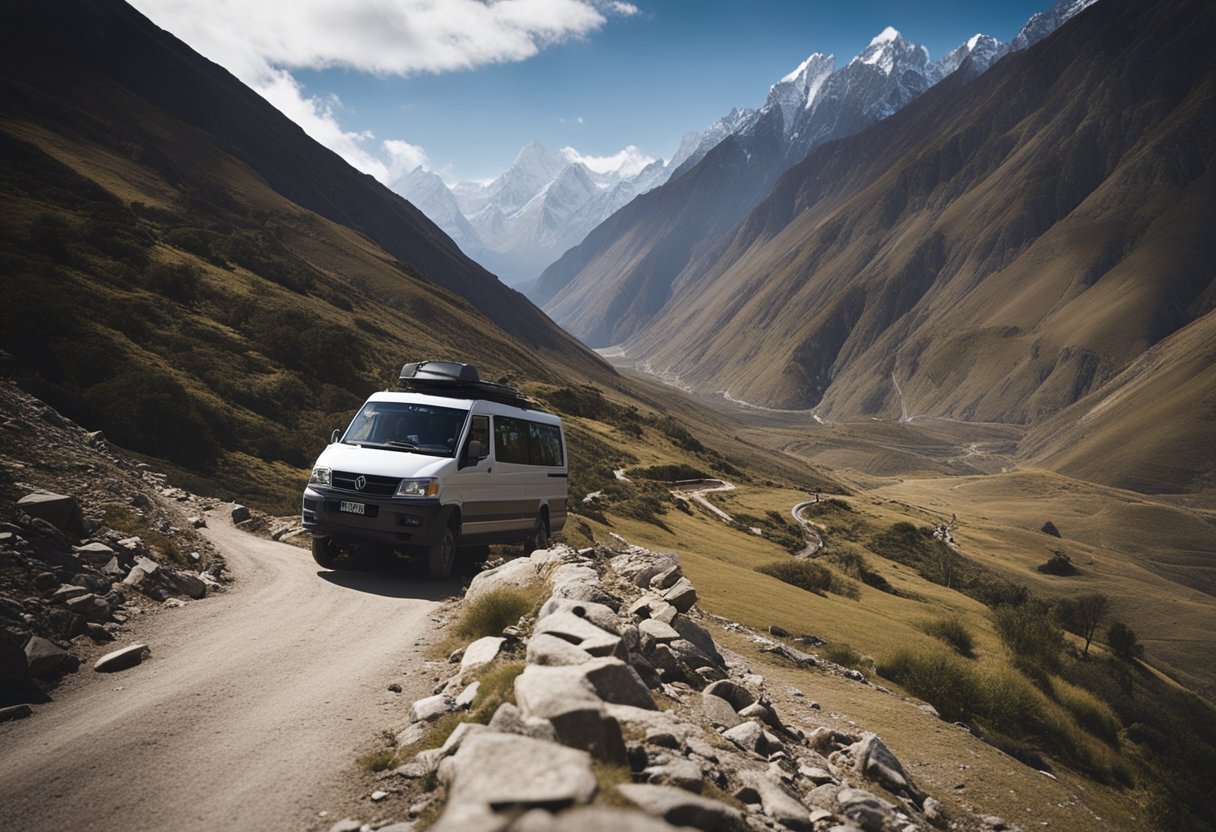 The M-Byte navigates treacherous mountain roads, surrounded by towering peaks and sweeping valleys, testing its endurance in the extreme conditions of the Himalayas