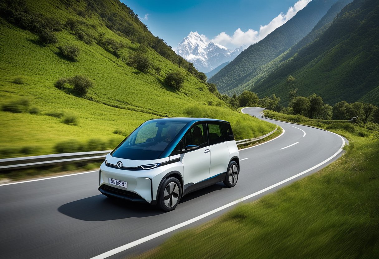 The M-Byte electric vehicle navigates narrow, winding roads in the Himalayas, surrounded by towering mountains and lush greenery. The vehicle's sleek design and sustainable technology showcase its ability to conquer challenging terrain while prioritizing environmental considerations