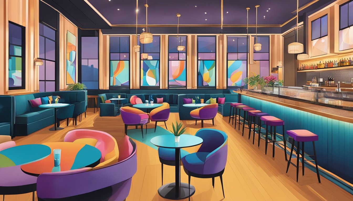 The bustling restaurant & lounge, Olivia, features a colorful, modern interior with sleek furniture and vibrant artwork adorning the walls. The space is filled with the sounds of clinking glasses and lively conversation