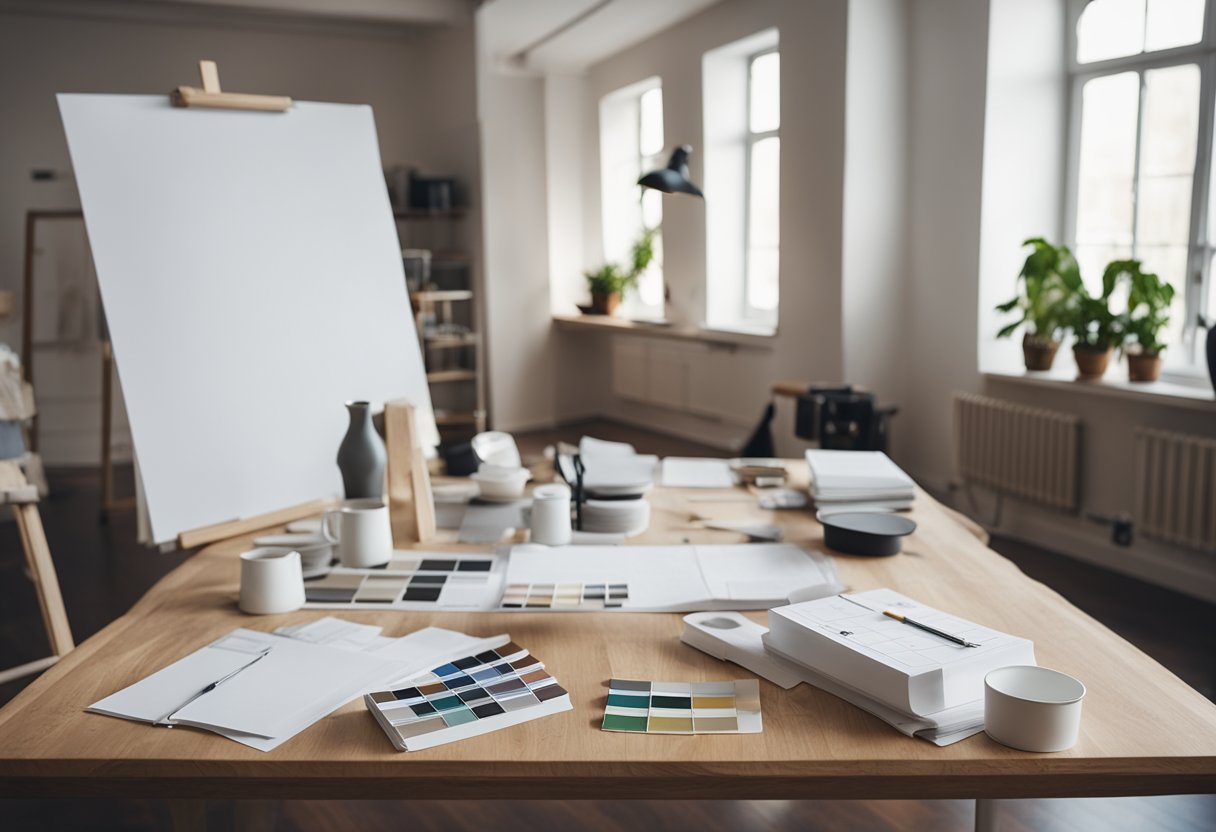 A blank canvas of a spacious room with before and after renovation plans laid out on a table, along with color swatches and design inspiration scattered around