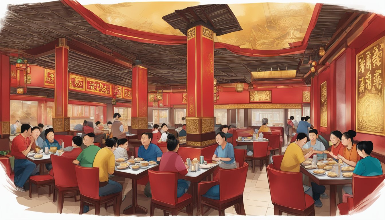 The bustling Wan Hao Chinese restaurant, with vibrant red and gold decor, filled with diners enjoying steaming plates of dim sum and sizzling woks