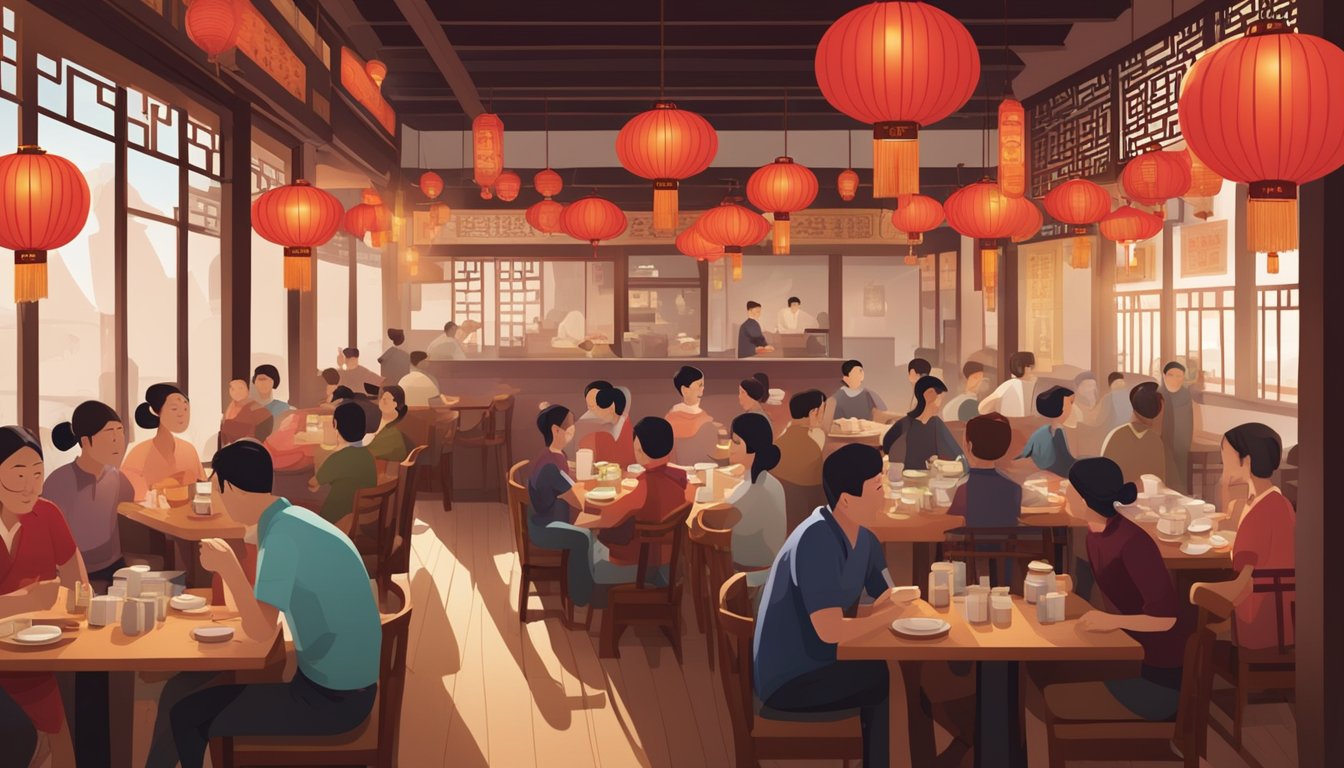 A bustling Chinese restaurant with red lanterns, wooden tables, and steaming plates of dim sum. Customers chat and laugh as waiters rush between tables