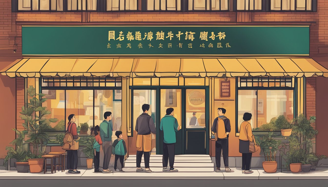 Customers lining up outside a vibrant Chinese restaurant with a sign reading "Frequently Asked Questions wan hao" above the entrance