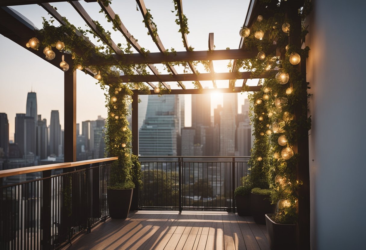 A wooden pergola with climbing vines and hanging lights on a balcony overlooking a city skyline