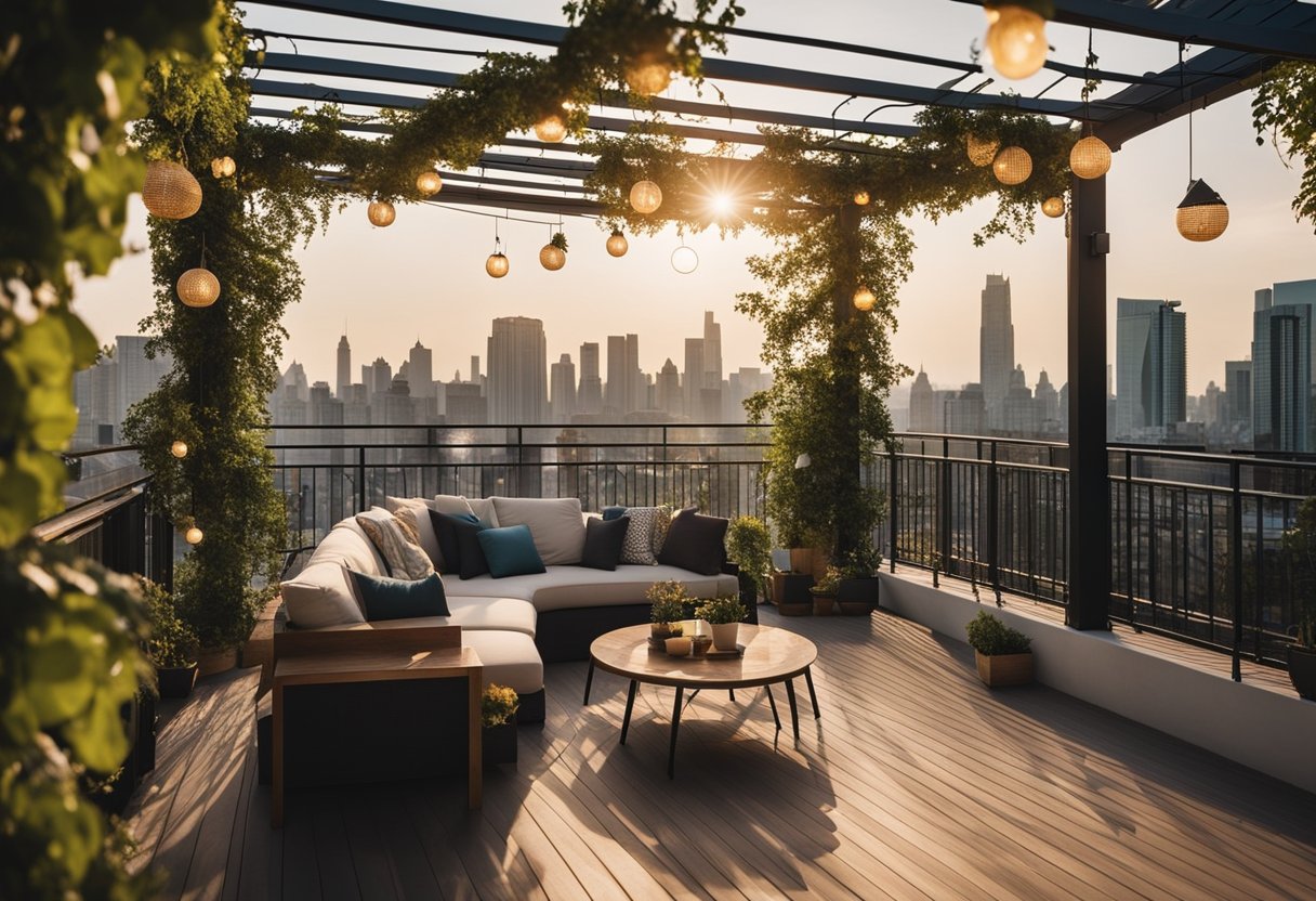 A pergola with climbing vines, cozy seating, and hanging lights on a balcony overlooking a city skyline
