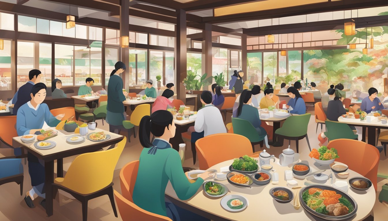 A bustling takashimaya restaurant with colorful decor and a variety of Japanese dishes being served