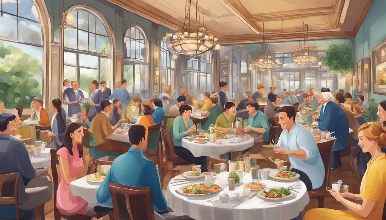 A bustling restaurant with colorful plates, steaming dishes, and elegant table settings, surrounded by happy diners enjoying their culinary delights