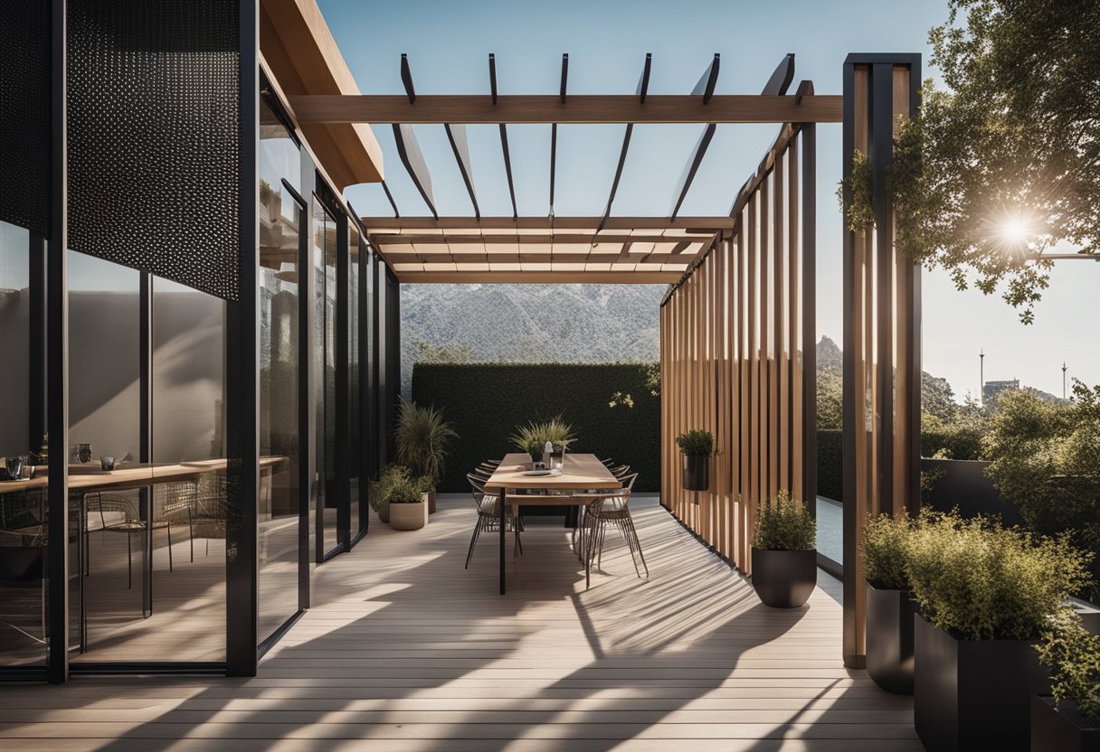 A modern pergola with sleek lines and minimalist design adorns a balcony, enhancing the outdoor space with its aesthetic appeal