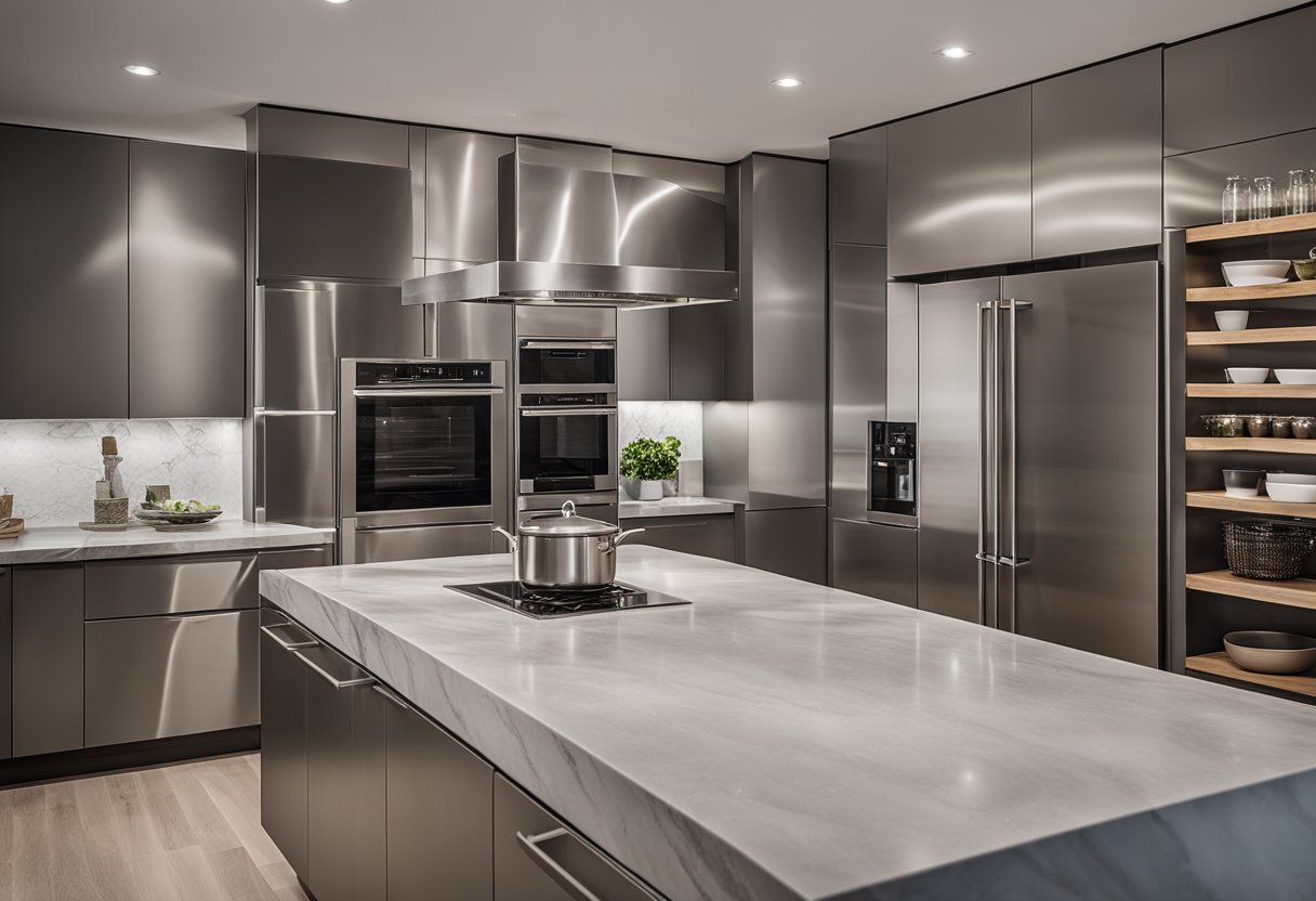 Sleek, modern kitchen with concrete cabinets, clean lines, and minimalistic design. Stainless steel appliances and marble countertops complete the contemporary look