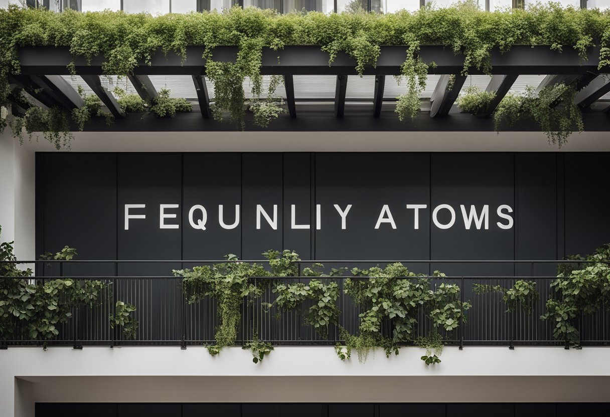 A pergola stands on a balcony, adorned with climbing plants. A sign reads "Frequently Asked Questions" in bold letters. The design is sleek and modern, with clean lines and a minimalist aesthetic